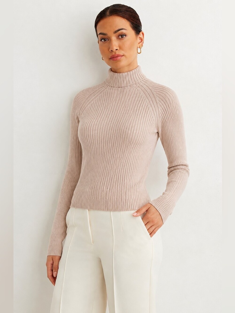 Dynamite Ribbed Knit Turtleneck Sweater | Size Small | Light Brown / Beige